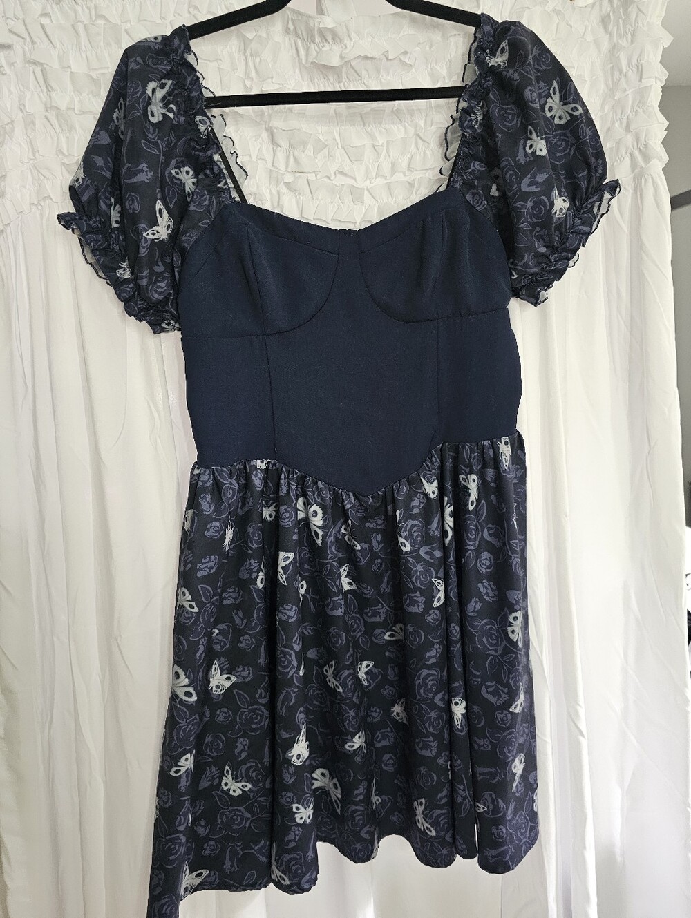 Navy Blue Butterfly Print Puff Sleeve Dress with Corset Back
